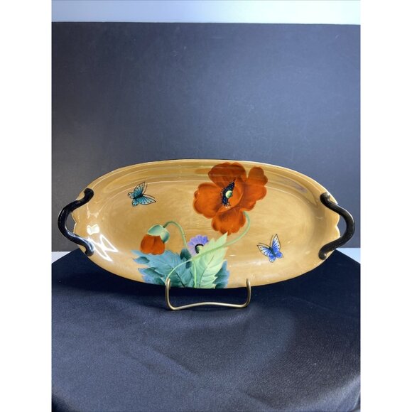 VTG Lusterware Oval Platter Poppy Butterfly Relish Dish Made In Japan Handles 13 - Picture 3 of 12